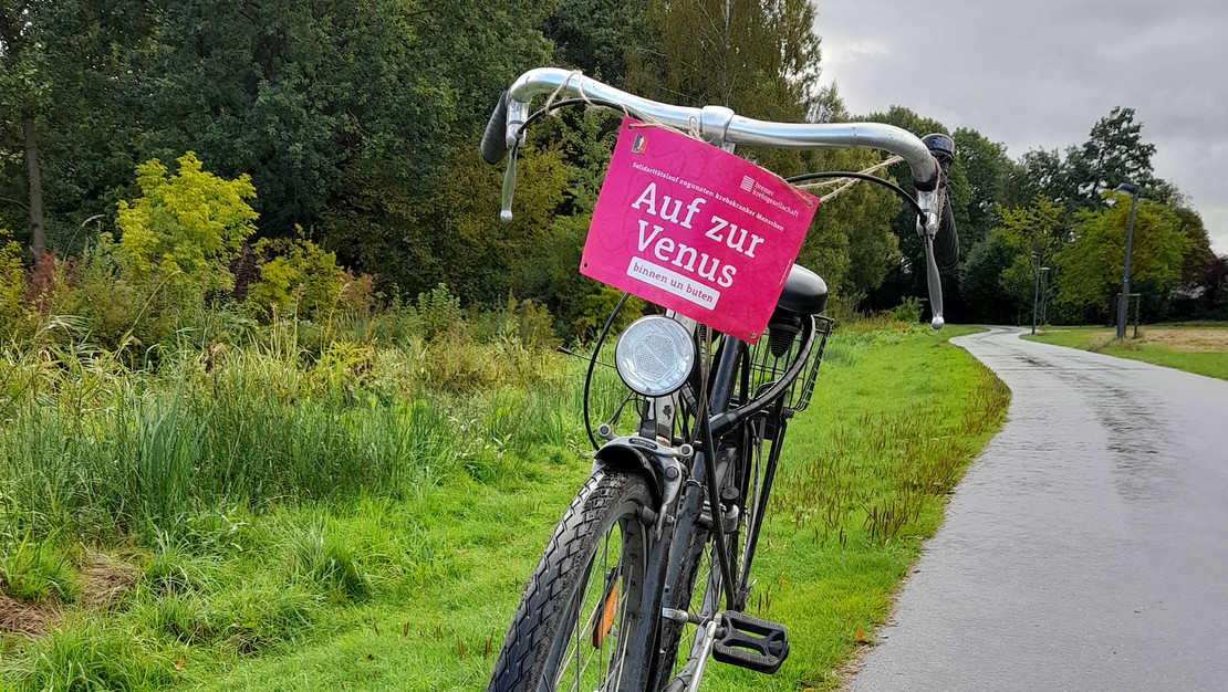 Ein Fahrrad steht am Straßenrand. Das Schild mit der Aufschrift "Auf zur Venus" ist am Lenker befestigt. Man sieht die regennasse Straße, die an einem Wäldchen entlang führt.